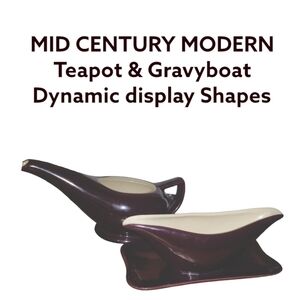 VINTAGE 2pcs BROWN & WHITE MATCHING GRAVY BOAT + TEA POT